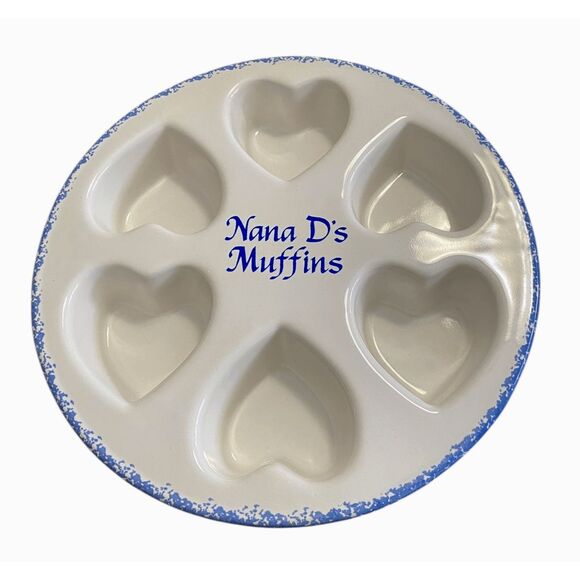 Clay Design Nana D's Muffins 6 Heart Shape Baking Pan USA Blue Spongeware - Picture 1 of 4